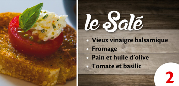 Vieux vinaigre balsamique, Fromage, Pain et huile d'olive, Tomate et basilic
